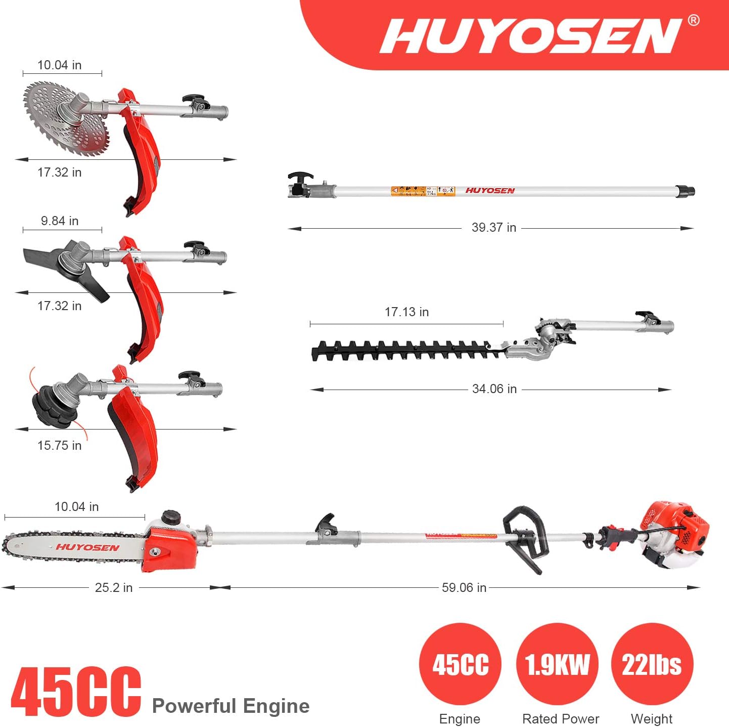 HUYOSEN Gas Pole Saw, 45CC 2-Cycle Pole Saws for Tree Trimming 8.2 FT to 11.4 FT Extension with Multifunctional 5 in 1 Weeder Eater, Hedge Trimmer, Chinsaw, Brush Cutter and 3T Blade