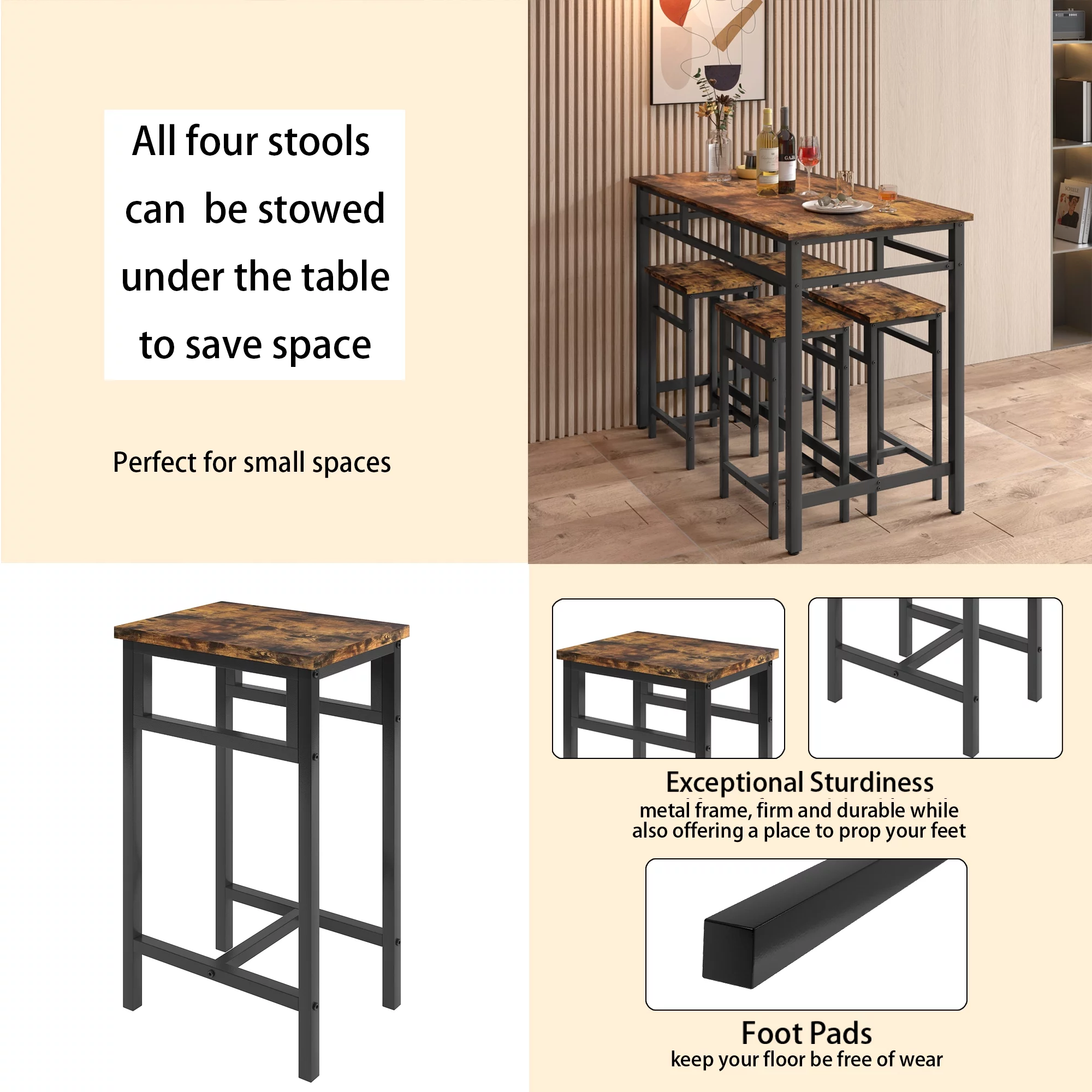 5 Piece Dining Table Set, Modern Pub Table Set with 4 Stools, Counter Height Bar Table Set, 4-Person Home Dining Table and Stools Set, Kitchen Table Set for Breakfast, Rustic Brown, D8997
