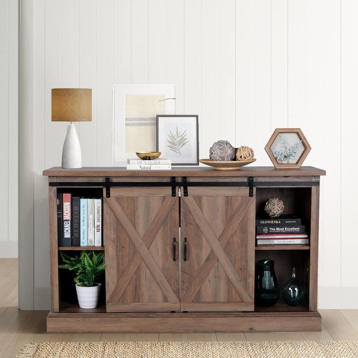 Sophia & William Farmhouse Electric Fireplace TV Stand for TV's Up to 65, Accent Decorative Barn Door Storage Cabinet Chest with 23 Insert Fireplace for Living Room Bedroom Home Office, Burlywood