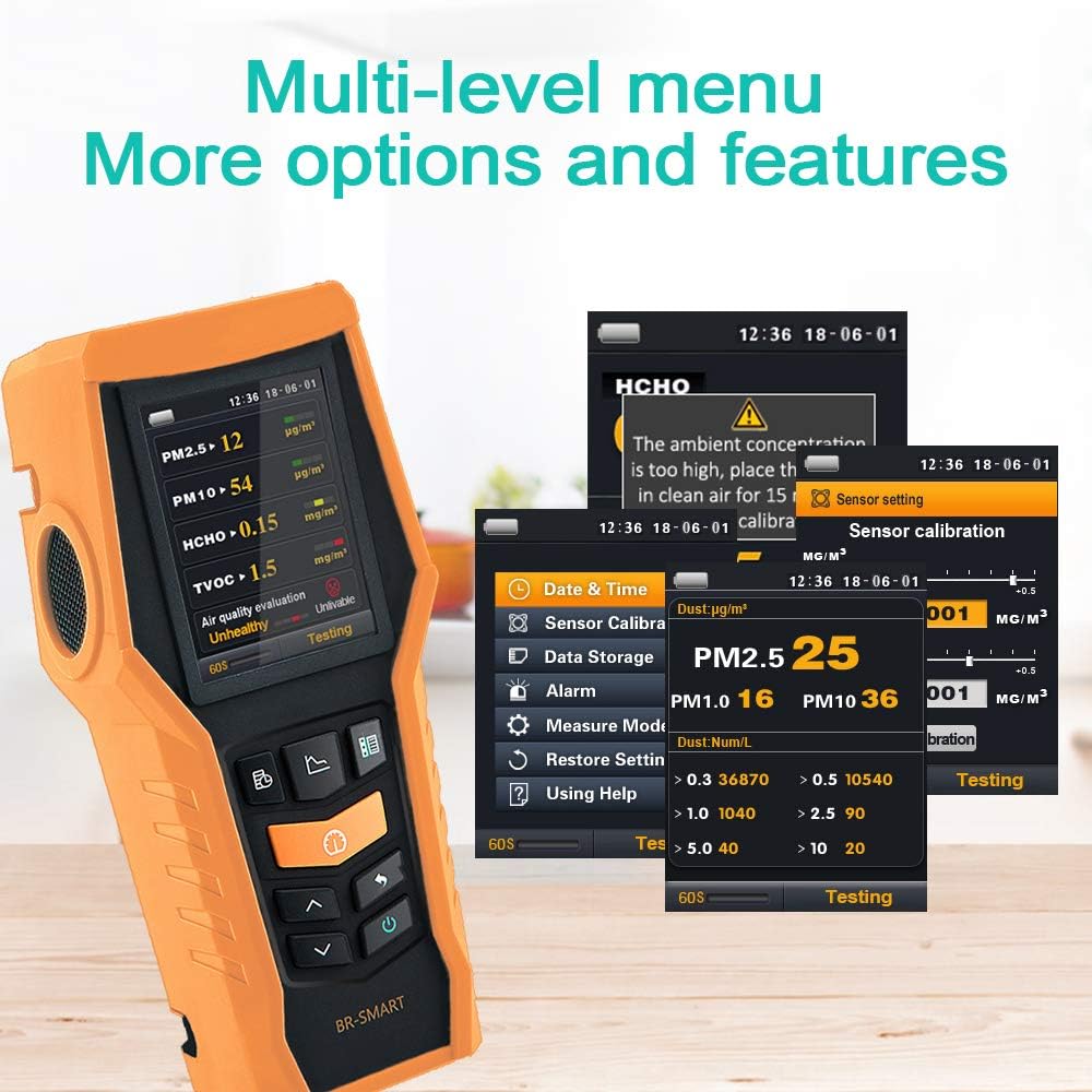 Smart 126s Air Quality Monitor Indoor TVOC Tester PM2.5 Dust Meter Formaldehyde HCHO Detector PM1.0 PM10 VOCs Particle Test Pollution Home AQI Indicator Data Record