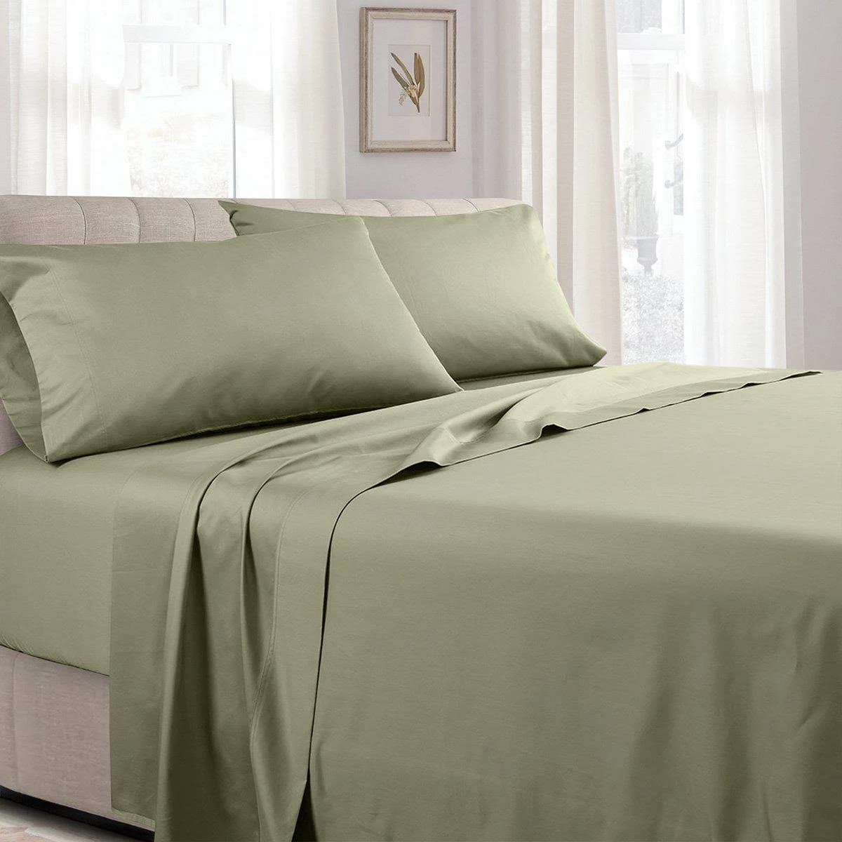 Attached Waterbed Sheets Solid 100-percent Cotton 300 Thread Count: King, Sage