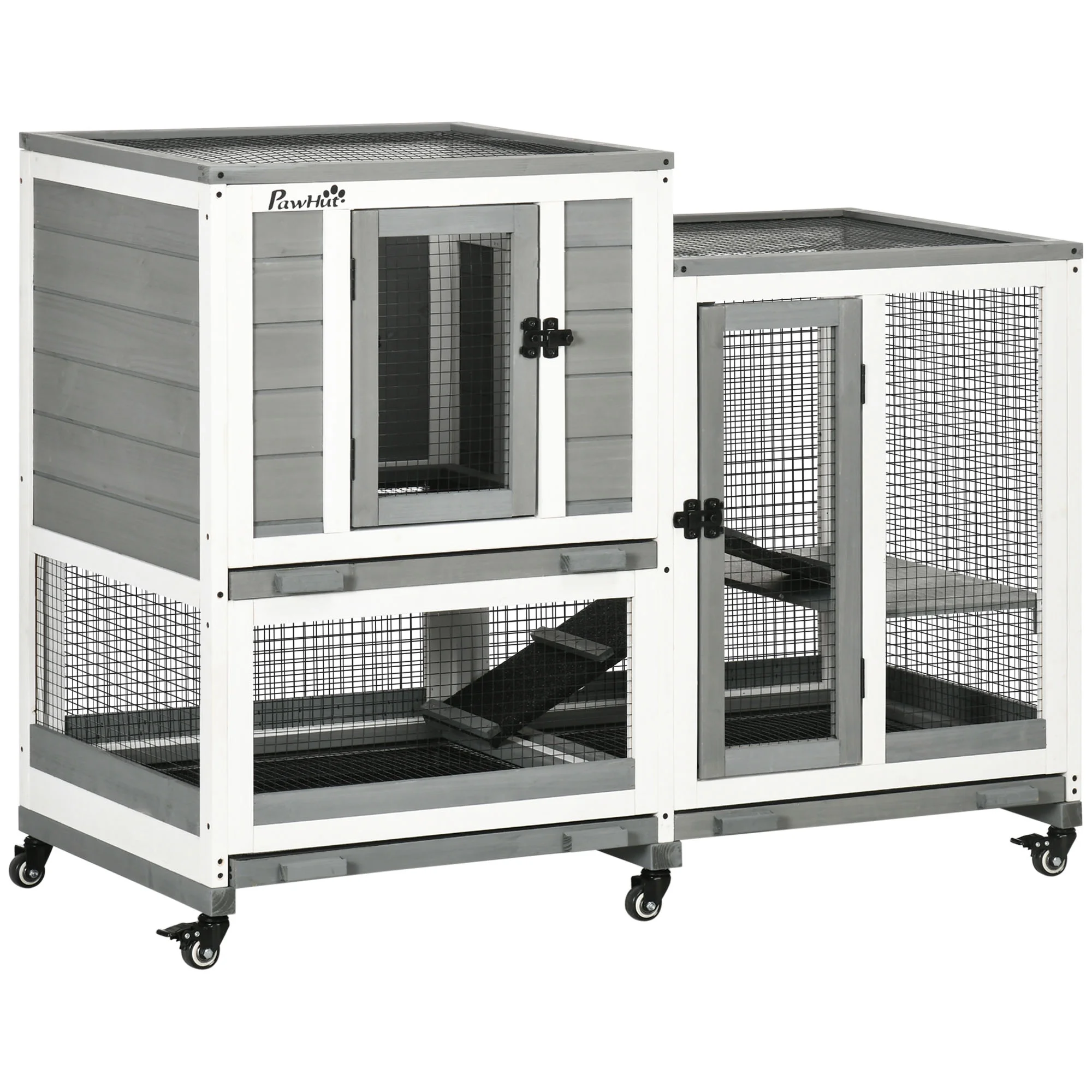 PawHut Three Story Wooden Rabbit Cage Bunny Hutch, Gray - Curated Treasures Market