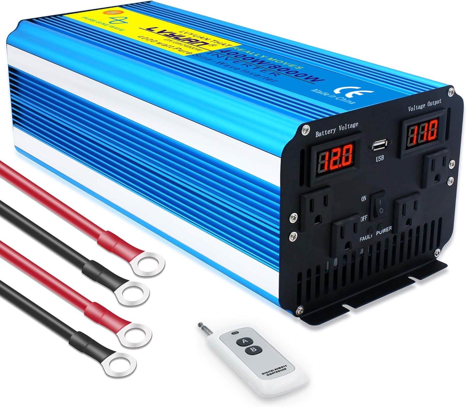 Cantonape Pure Sine Wave Inverter 4000W Power Inverter 24V to 110V DC to AC with LED Display Remote Controller for Truck RV Home Solar System