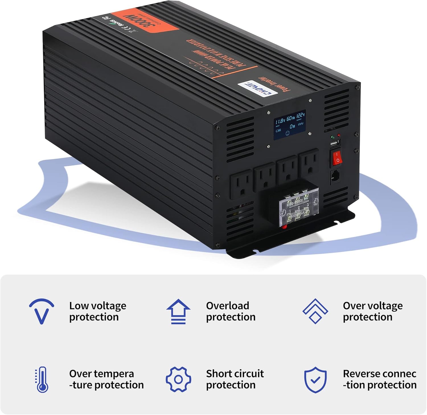 Power Inverter, 2000W Pure Sine Wave Inverter DC 12V to AC 120V Car Inverter with LCD Digital Display Remote Control USB Port Power Converter for Travel/Camping