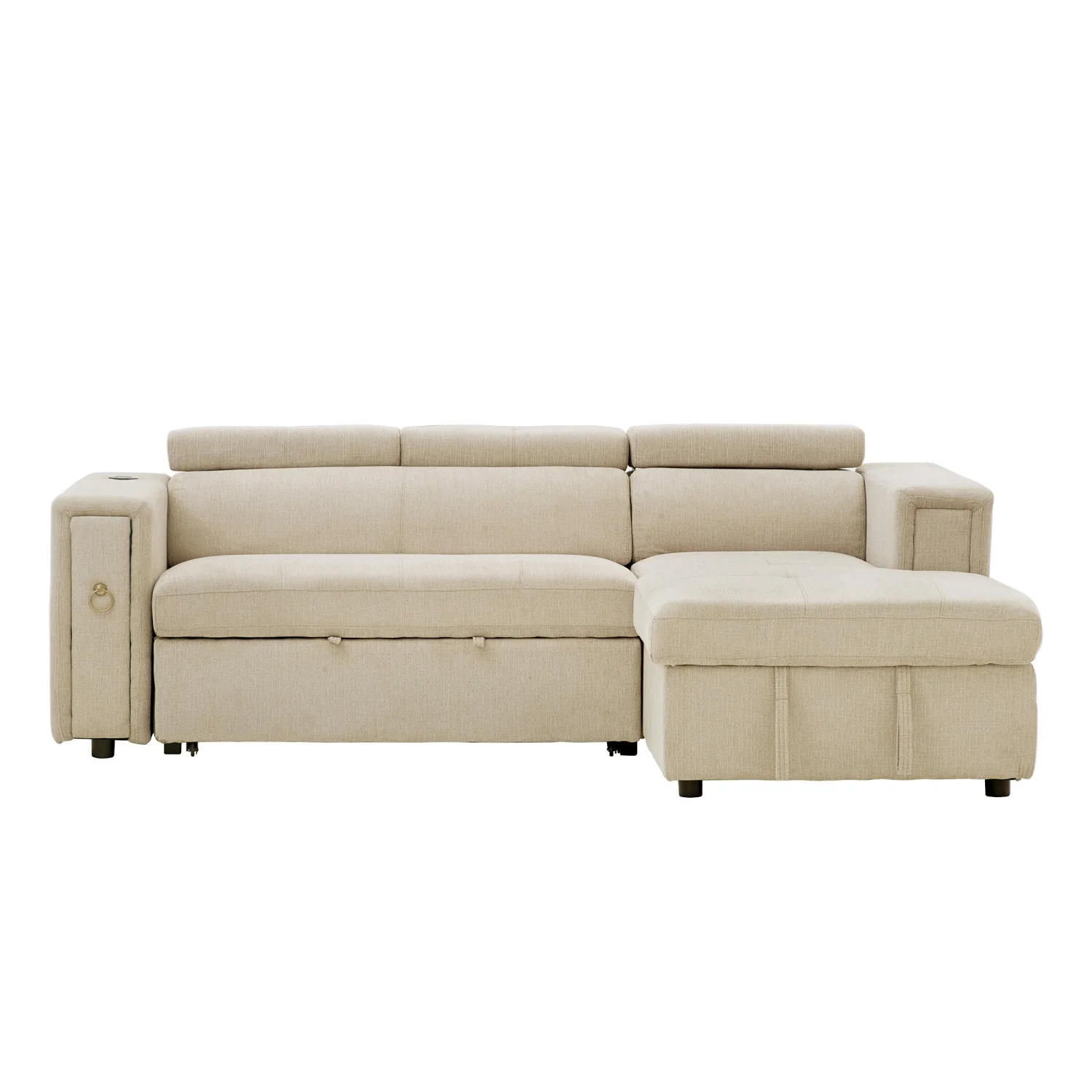 Churanty Pull Out Couch Bed with Storage and Cup Holder Sectional Sleeper Sofa with Wireless Charging L Shaped Couch with Adjustable Headrest Convertible Sofa Bed for Living Room,Beige - Curated Treasures Market