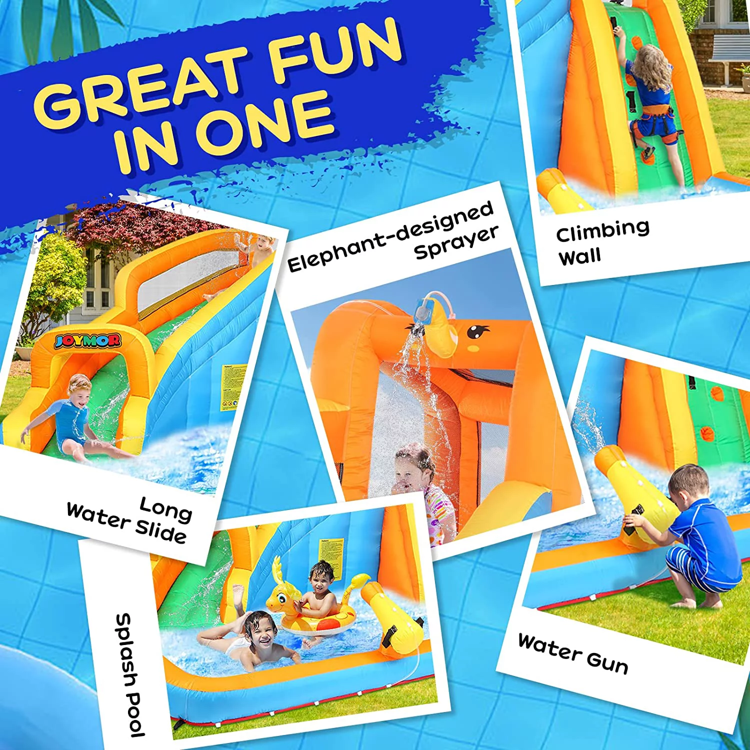 JOYMOR Inflatable Water Slide Bounce House w/Climbing Wall, Water Gun, Splash Pool, Water Slide Castle Outdoor Backyard Playhouse for Little Kids (Included Blower)
