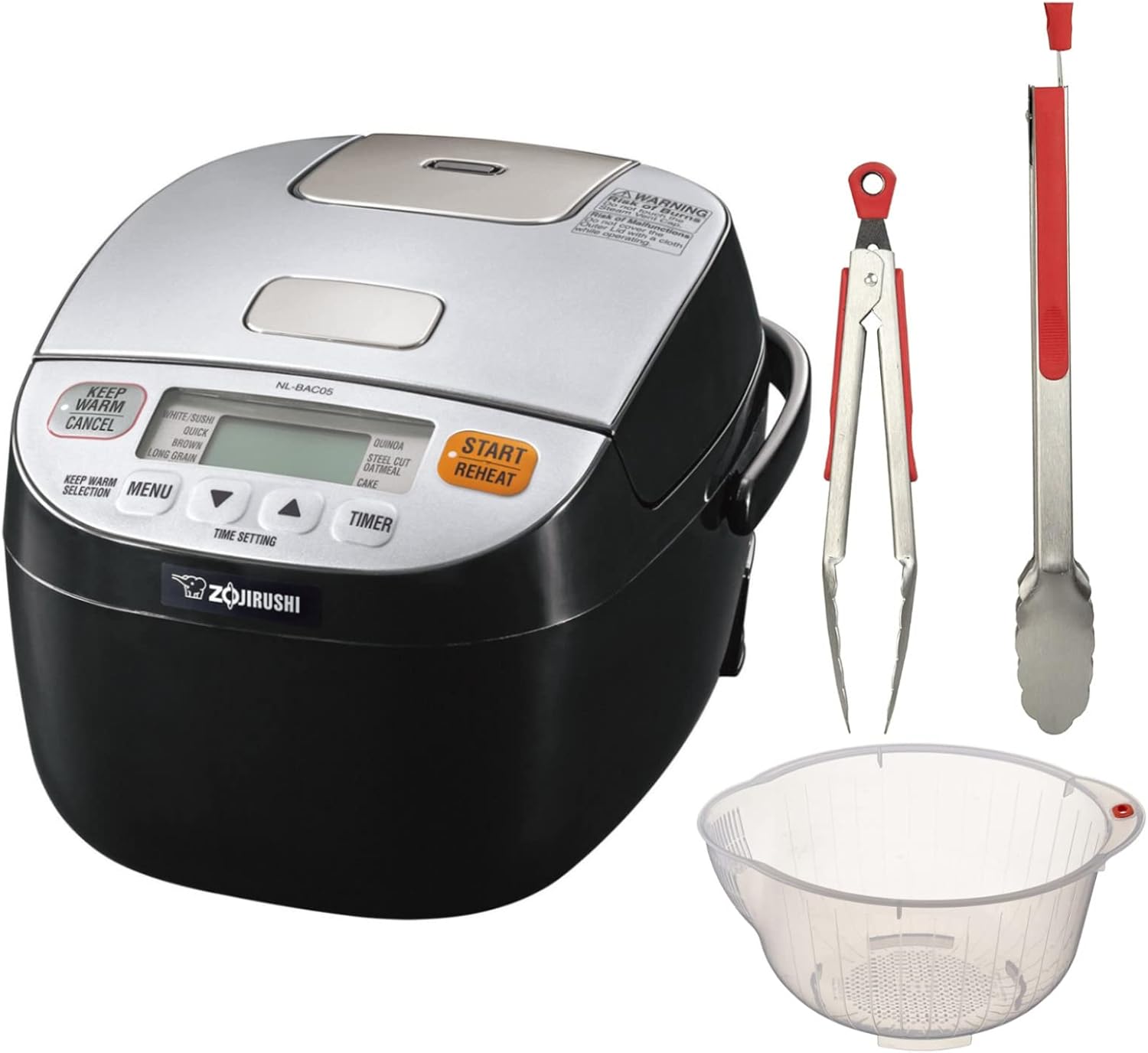 Zojirushi Micom Rice Cooker and Warmer (3-Cup/ Silver Black) Bundle with Silicone Handle Tongs Set (2-Pack) and Inomata Rice Washing Bowl with Side and Bottom Drainers (Clear) (3 Items)