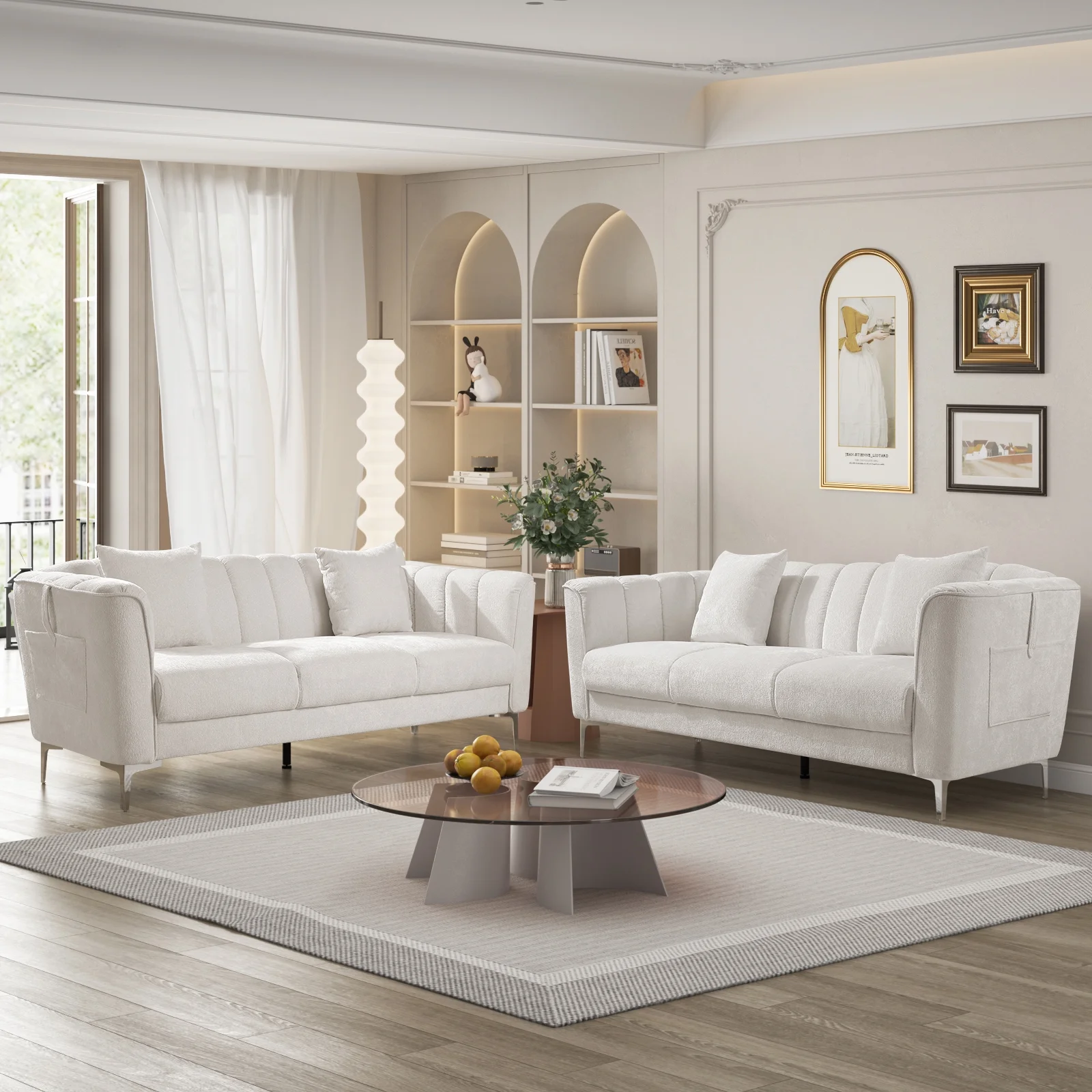 Homfa White Sofa and Couch, 77.2" Modern Chenille Couch with Armrests, Wood Sofa with Pocket and Stainless Steel Legs