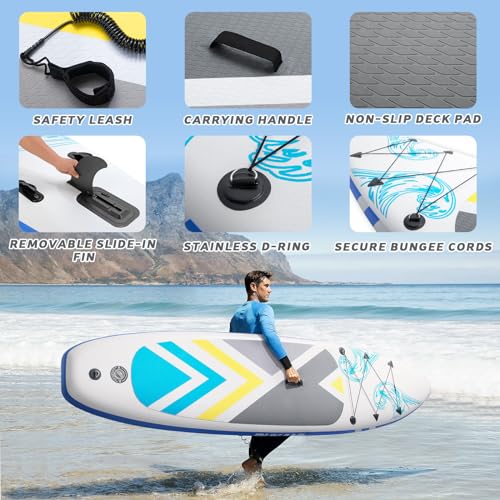 PUKAMI Inflatable Paddle Board for Adults,10.6' Stand Up Paddle Board with Premium SUP Accessories & Carry Bag,Paddle,Pump,Leash,Wide Stable Design,Non-Slip Deck,Surf Control for Youth