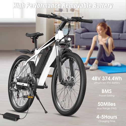 Electric Bike for Adults, Peak 1000W Ebike, 50Miles 21.7MPH Adult Electric Bicycles, 26" Electric Mountain Bike 48V 374.4WH Battery, Commuter E Bike with Adjustable Stem, Fenders, 21 Speed