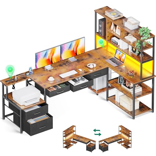 AODK 71 inch L Shaped Desk with File Drawers, Reversible L Shaped Gaming Desk with Power Outlets & LED Lights, Computer Desk with Storage Shelves for Home Office, Black