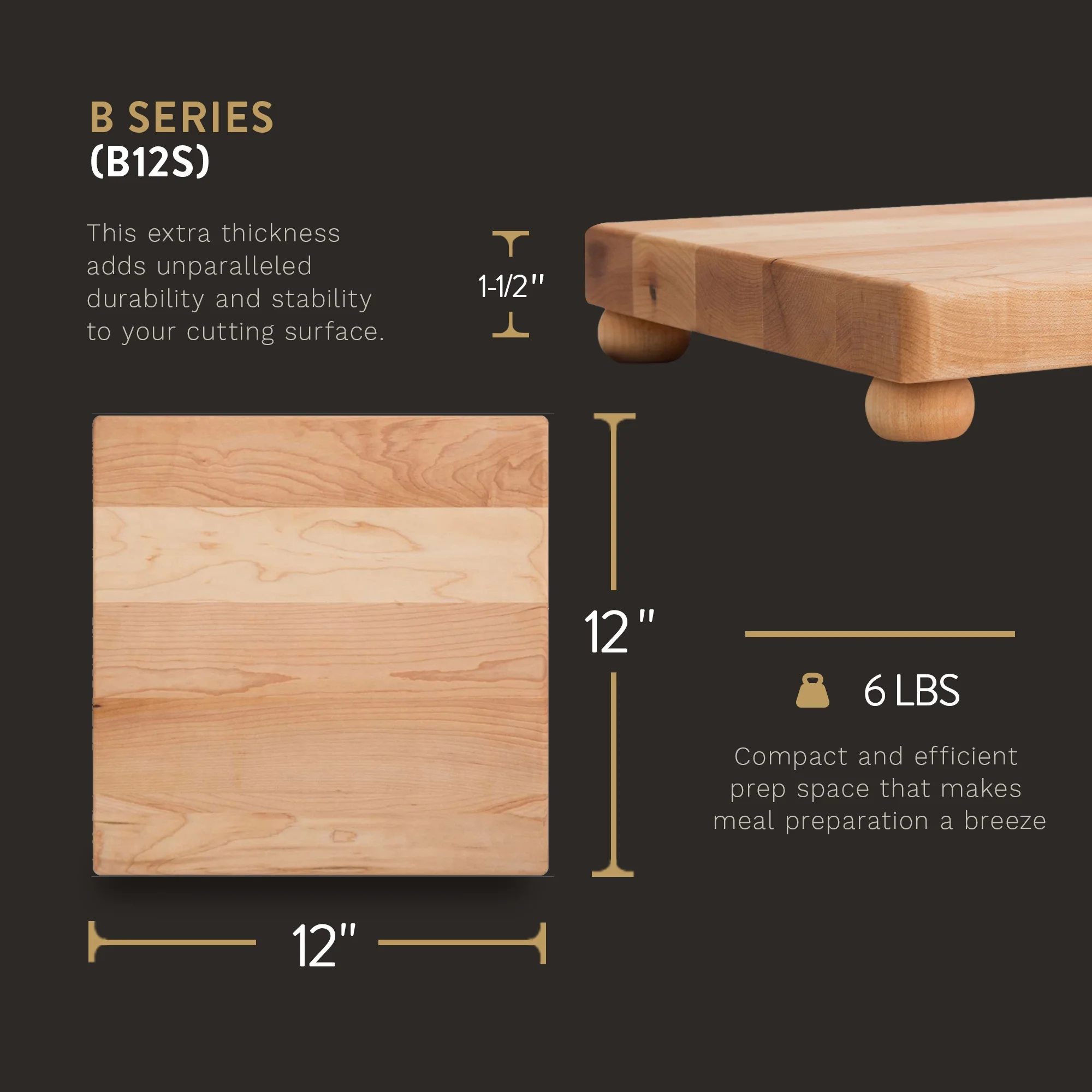 John Boos Small Maple Wood Cutting Board for Kitchen, 12" x 12" x 1.5"
