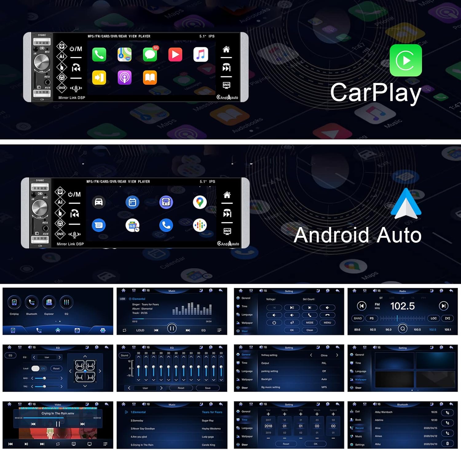 Single Din Car Stereo 5.1 Inch Touchscreen Radio with Bluetooth Voice Control Support DVR FM RDS AM Tuner, 1 Din Head Unit with USB/SD/Aux-in + Steering Wheel Control, Microphone and Backup Camera