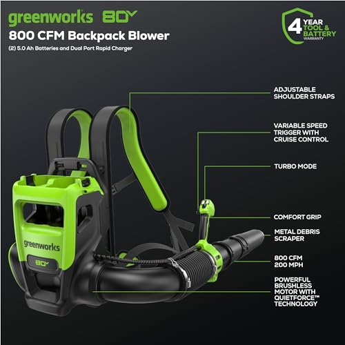 Greenworks 80V Backpack Blower, 2.5Ah Battery