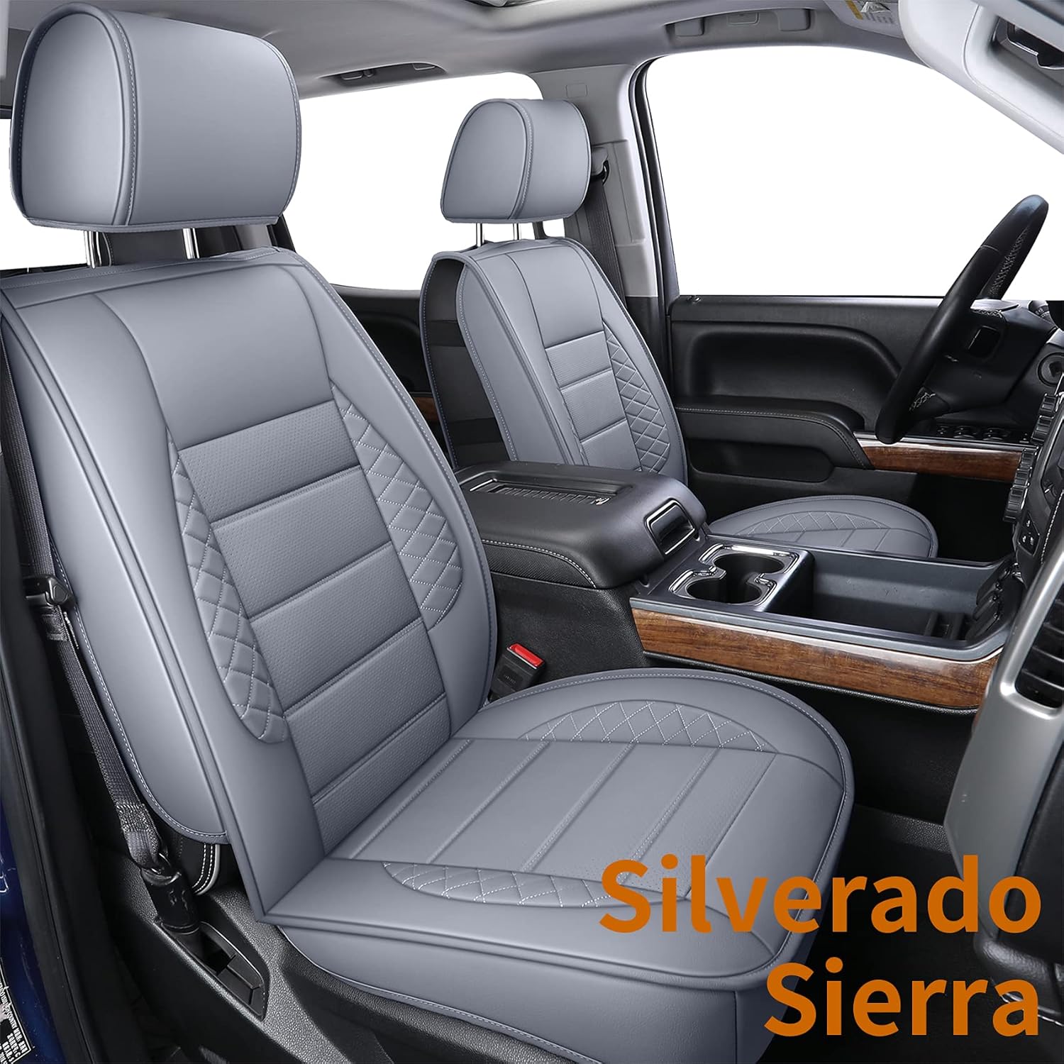 LUCKYMAN CLUB D04-S2-2 Seat Covers, Fit for 2019-2022 Chevy Silverado GMC Sierra 1500 and 2020-2022 2500HD 3500HD Crew Cab Water Proof Faux Leather with Center Console Cover(Full Set, Gray)