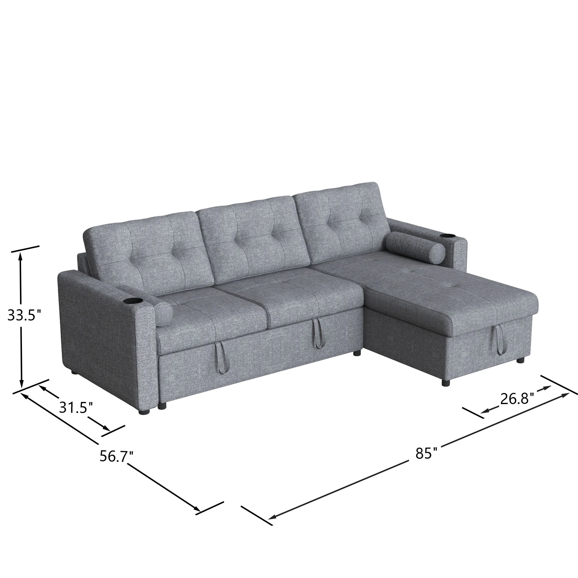Soges Pull Out Sofa Bed L Shape Sofa with Storage Chaise, 3 Seater Sofa Bed with Cup Holders, Linen Fabric Couch for Living Room, 2 Pillows, Gray