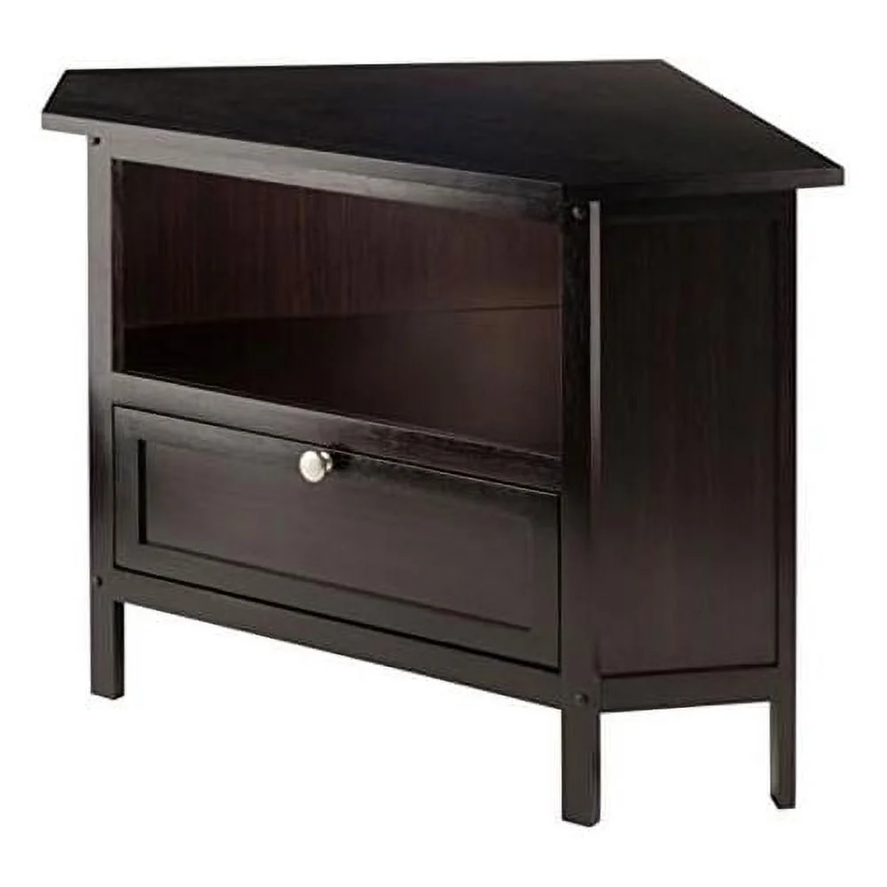 Wood Zena Corner TV Media Stand - Espresso, 27" TV Capacity, Open Shelf & Pull-Down Door, Wire-Access Grommet, Easy Assembly, 34.65" W X 23.94" D X 22.28" H