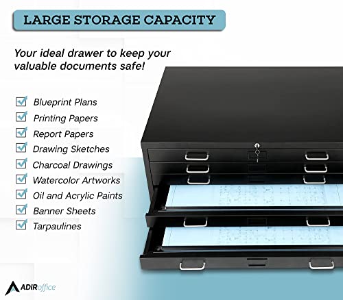 AdirOffice Flat File Cabinet - Heavy Duty 5-Drawer Blueprint Sheets Storage, 41" x 53" Great for Documents Sized 36” x 48”, Ideal for Artists, Art Files, Engineers, Architects, Offices - Black