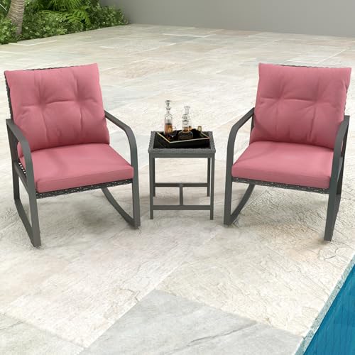 3 Piece Rocking Bistro Patio Set, Outdoor Rocking Chair, Outdoor Bistro Sets Wicker Patio Furniture Rocking Chairs Sectional Couch with Tempered Glass Top Coffee Table & Cushions, Dark Blue