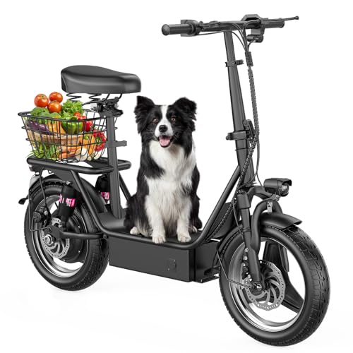 Electric Scooter with Seat for Adults, 500W Peak Motor Sit Down E Scooter with Basket/Box, 20-25 MPH and 20-30 Miles Long Range, 14" Pneumatic Tire, Ample Storage for Pet & Cargo