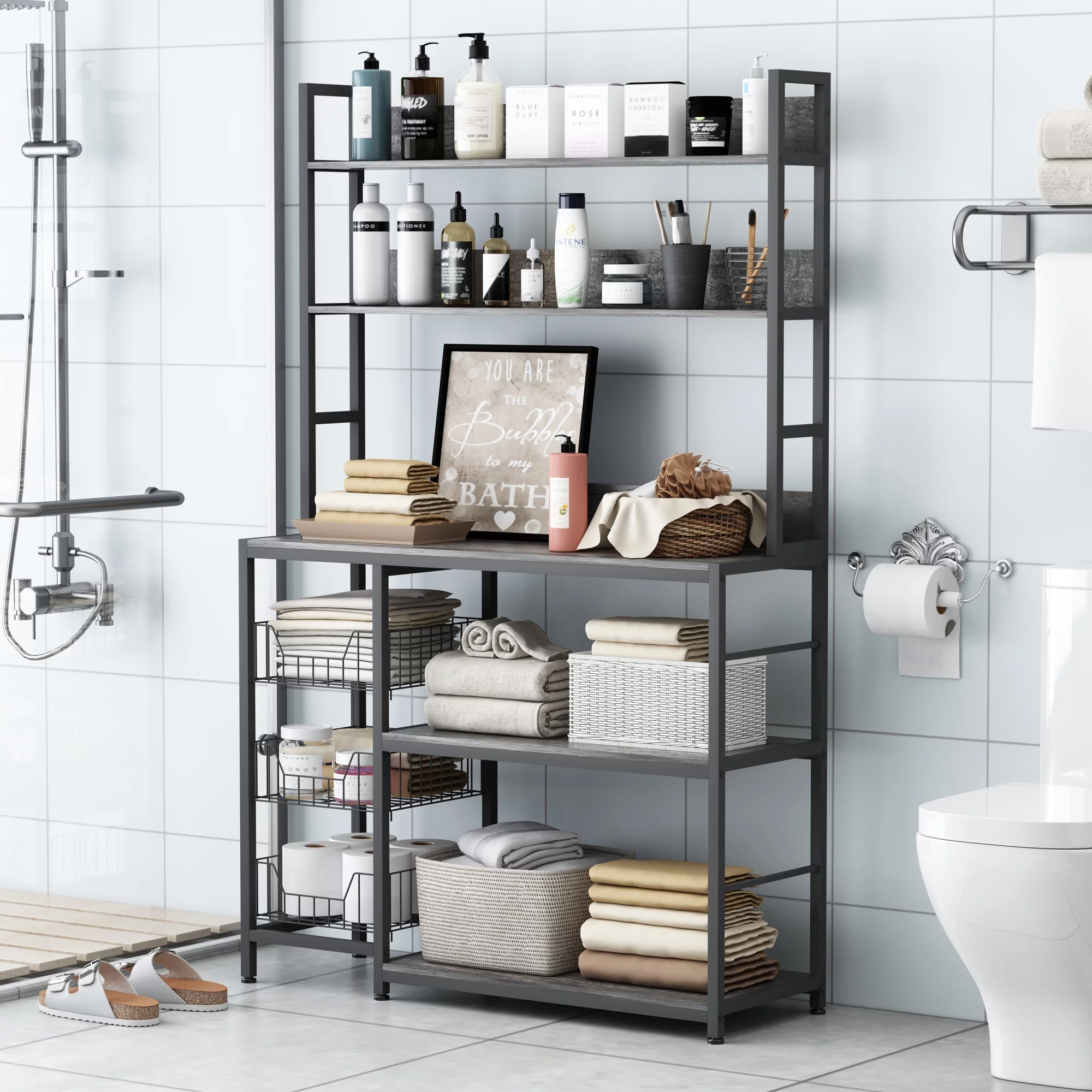 NAIYUFA Kitchen Bakers Rack with Baskets,5-Tier Utility Storage Wood Shelf with Hooks, Microwave Oven Stand Rack,Vintage Grey