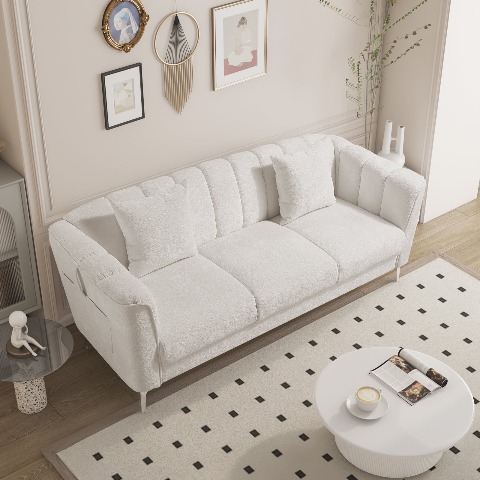 Homfa White Sofa and Couch, 77.2" Modern Chenille Couch with Armrests, Wood Sofa with Pocket and Stainless Steel Legs