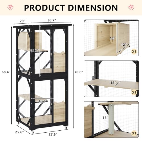 LEMBERI Cat House Outdoor Catio Cat Enclosures on Wheels, 71" Large Outside Patio Wooden Cat Cage Resting Box,Scratching Post, Waterproof Roof (Gray, 71")