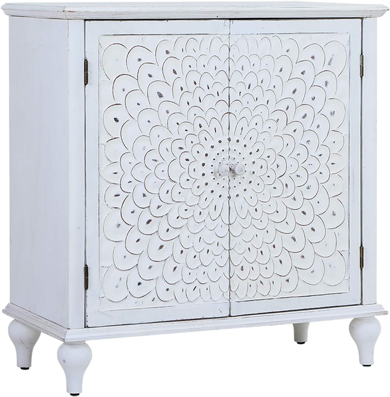 Sophia & William Storage Cabinet with 2 Doors, Accent Display Organizer Distressed Console Cabinet with Wooden Frame and Carved Birds for Entryway Living Room Bedroom 29.9 x 15 x 31.9 Inch, White