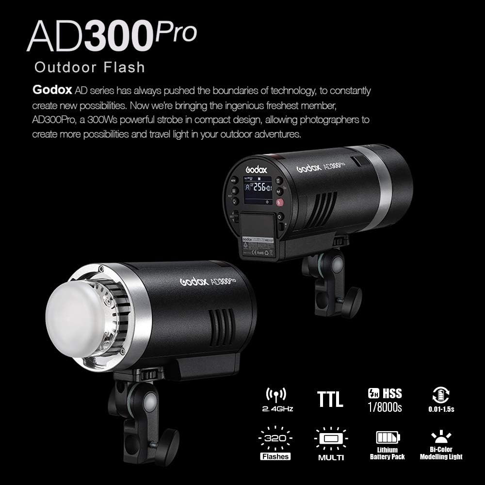 Godox AD300Pro AD300 Pro, 300W 2.4G TTL Flash Strobe Monolight, 1/8000 HSS, 0.01-1.8S Recycle Time, 300 Full Power Pops, 5600±100K, 12W Brightness Adjustable Bi-Color Modeling Led, W/Handheld Grip