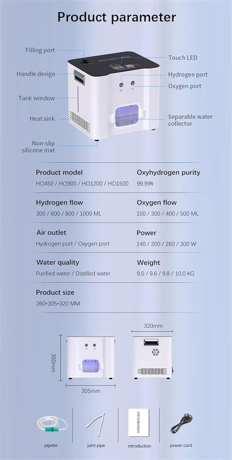 Hydrogen Inhalation Machine, HO Separated 450ml/min Double-Port Inhaler, PEM/SPE Technology, 99.99% High Purity Hydrogen Generator