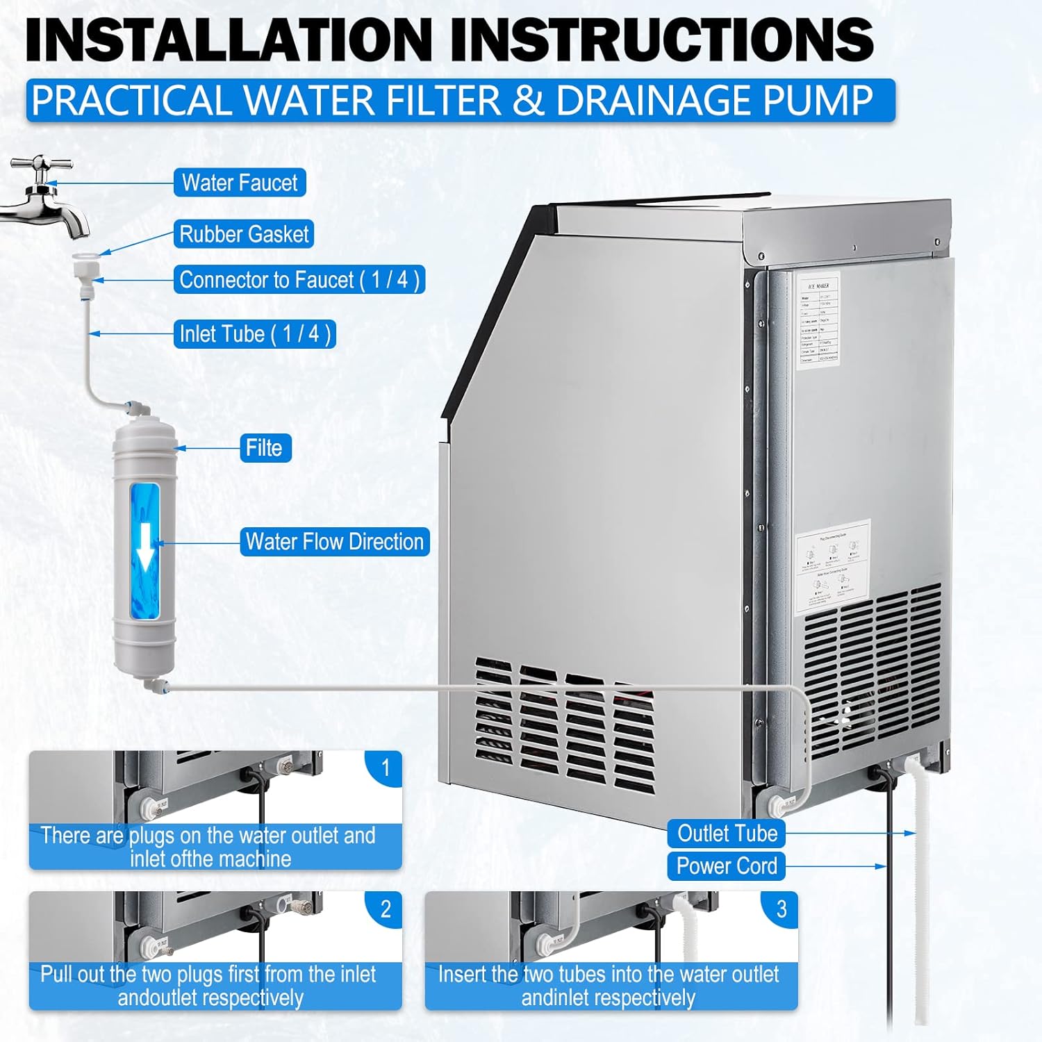 Commercial Ice Maker Machine, Freestanding Ice Maker Machine 132lbs/24H with 33lbs Ice Storage Capacity, Stainless Steel Ice Machine Ideal for Coffee Shop, Restaurants, Homes and Offices