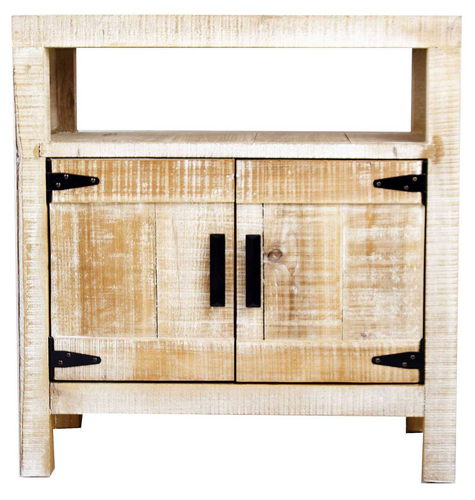 Distressed Wood Accent Cabinet with Open Shelf 2 Doors Iron Handles and Hinges