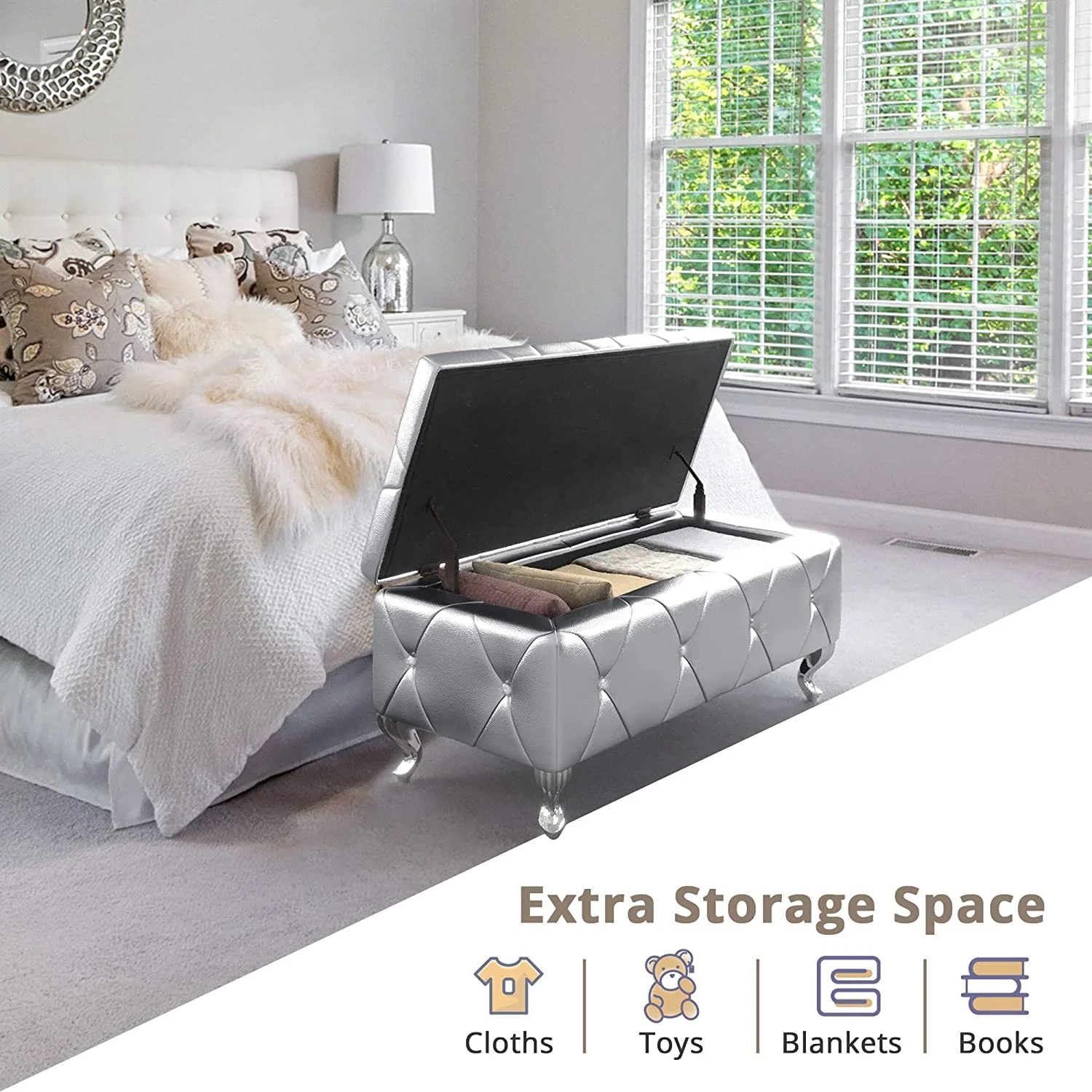 Storage Ottoman Bench, 38'' Upholstered Silver Faux Leather Ottoman with Crystal Tufted Button, Flip Top Foot Rest, End of Bed Bench Seat for Bedroom, Living Room, Vanity, 350LBS