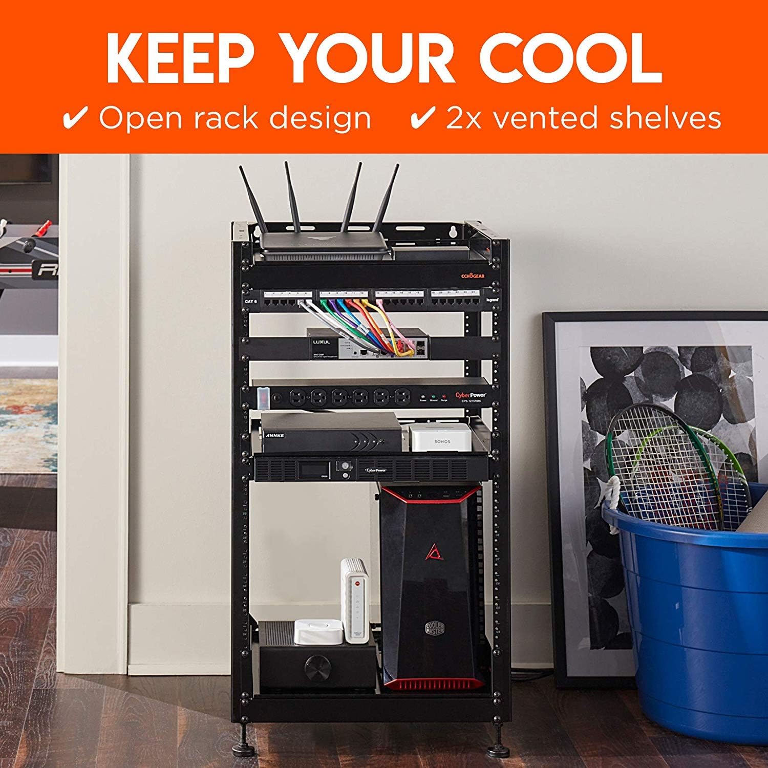 ECHOGEAR 15U Open Frame Rack for Servers & AV Gear - Heavy Duty 4 Post Design Includes 2 Vented Shelves & is Wall Mountable