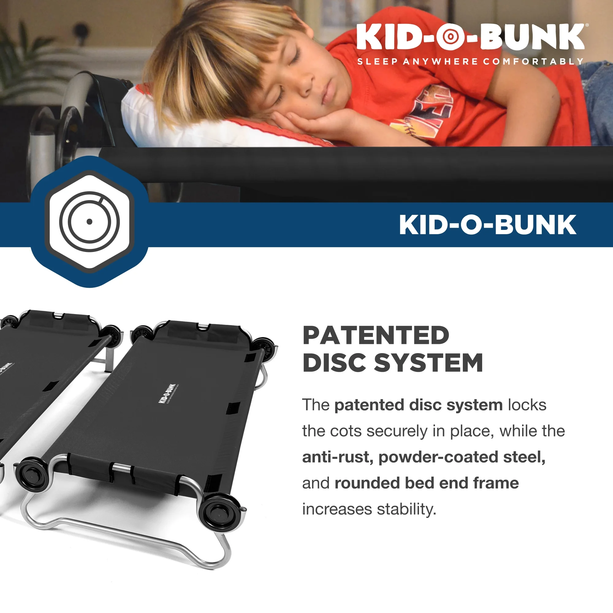 Disc-O-Bed Kid-O-Bunk Portable Benchable Double Cot with Organizers, Black