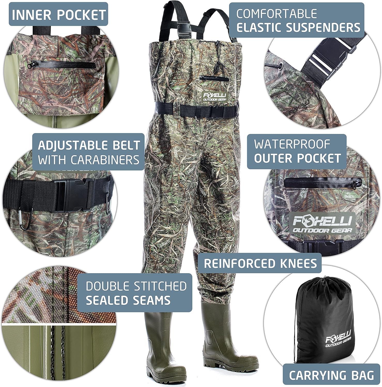 Foxelli Chest Waders – Camo Hunting & Fishing Waders for Men & Women with Boots, 2-ply Nylon/PVC Waterproof Bootfoot Waders