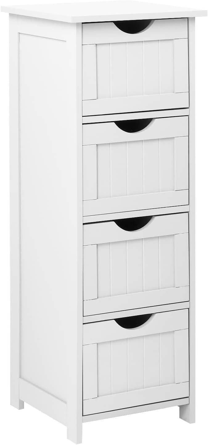 VINGLI Bathroom Storage Cabinet White Wooden Freestanding Slim Bathroom Floor Cabinet Side Organizer with 4 Drawers Storage Unit for Bathroom Livng Room Kitchen Office Hallway Entryway