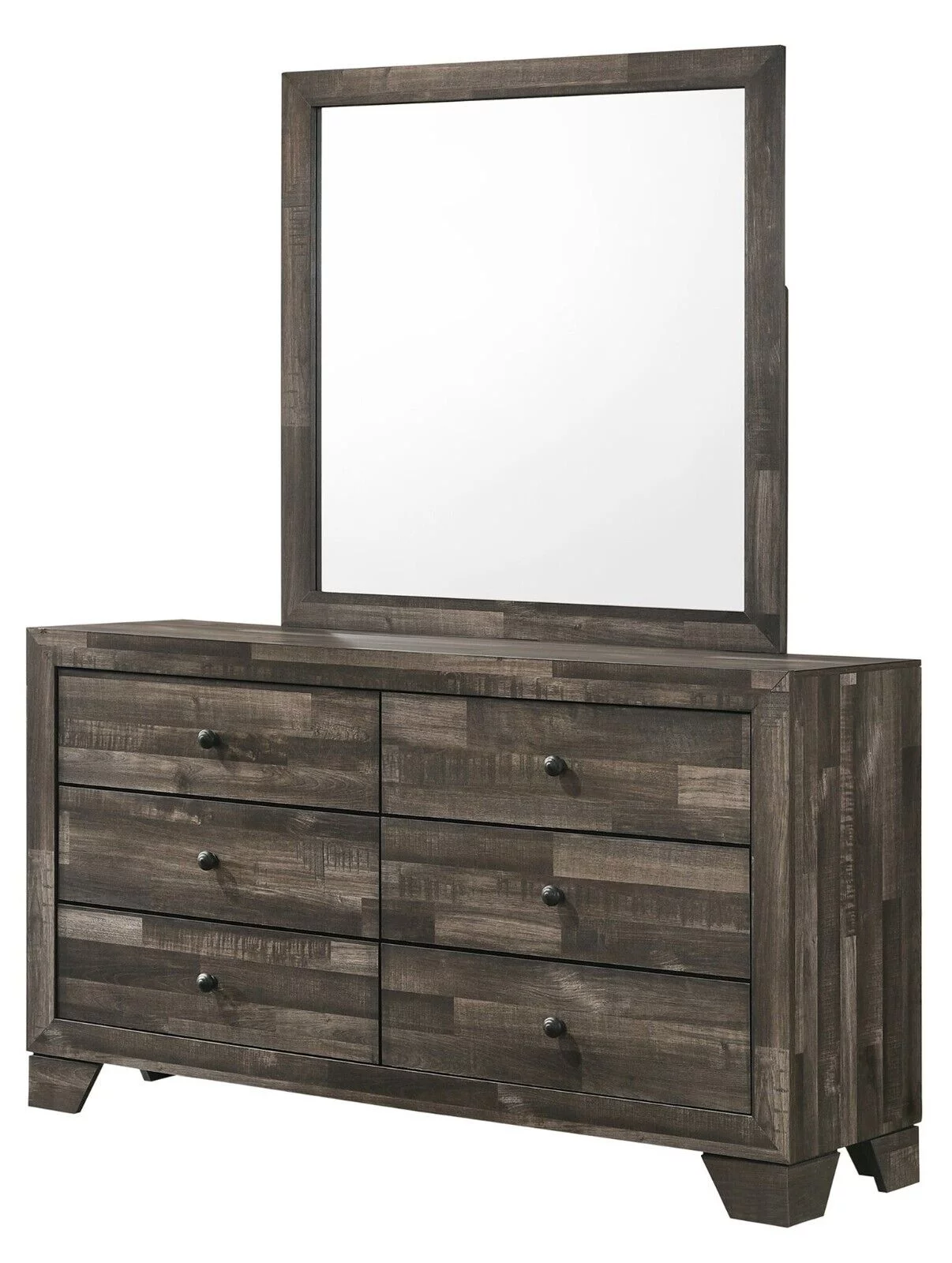 Rustic Brown Finish 6pc King Size Platform Bedroom Set Bed Dresser Mirror Nightstands Chest