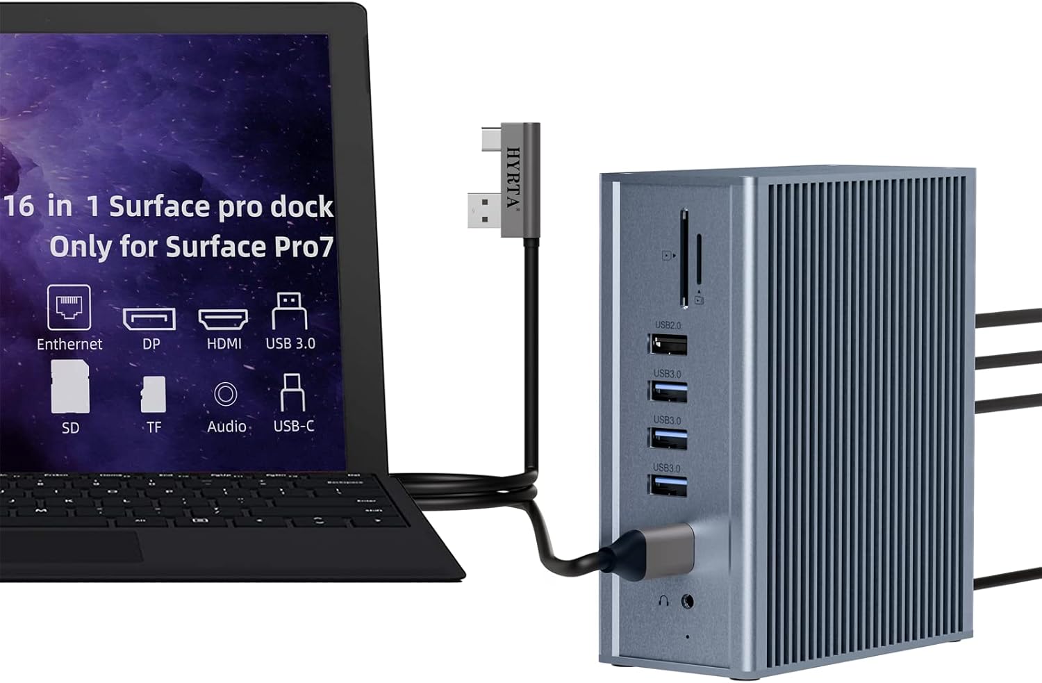 Surface Pro Docking Station, HYRTA 16 in 1 USB C Docking Station Quadruple Monitor for Surface Pro 7, Surface Pro Laptop Dock with 4K 2HDMI, DP, USB-C 3.0, PD, RJ45, 6USB Ports, SD/TF, Audio