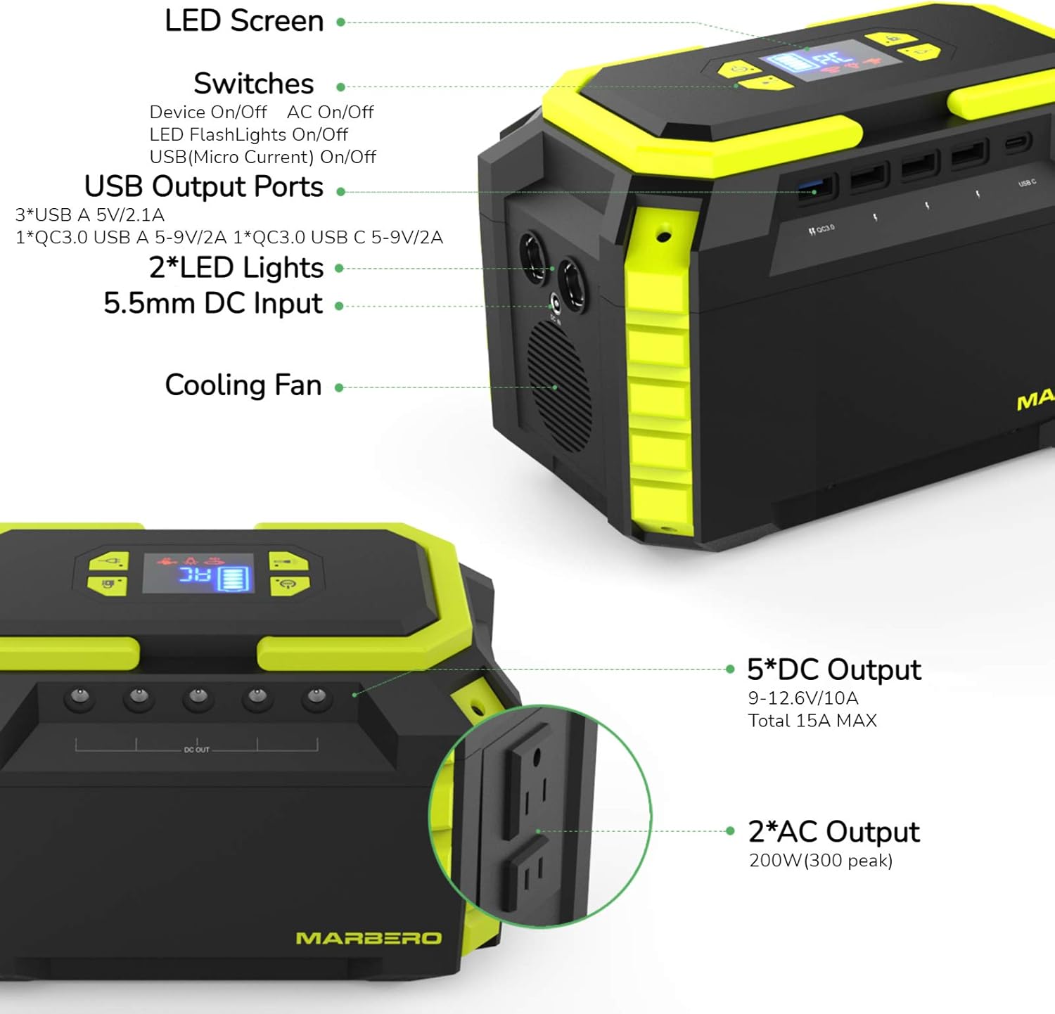 200W Portable Power Station 222Wh 60000mAh Backup Lithium Battery Power Supply Solar Generator(Solar Panel Not Included) with 2 110V AC Outlets/2 QC3.0 LED Flashlights for CPAP Home Camping Emergency Backup