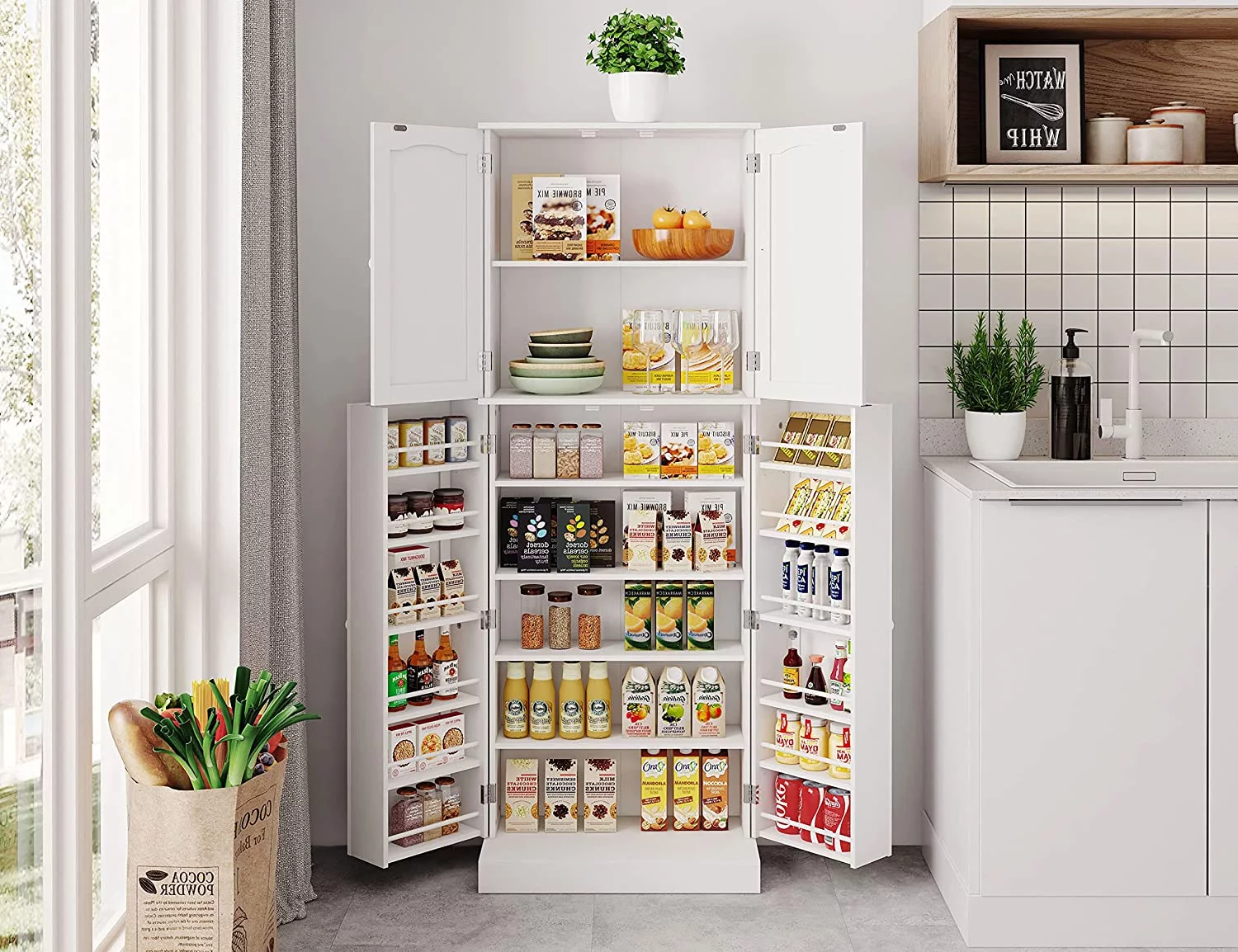 HOMEFORT Tall Kitchen Pantry Storage Cabinet with Doors and Shelves, Wooden Food Pantry Farmhouse Cupboard Freestanding Buffet for Kitchen Dining Living Room, White