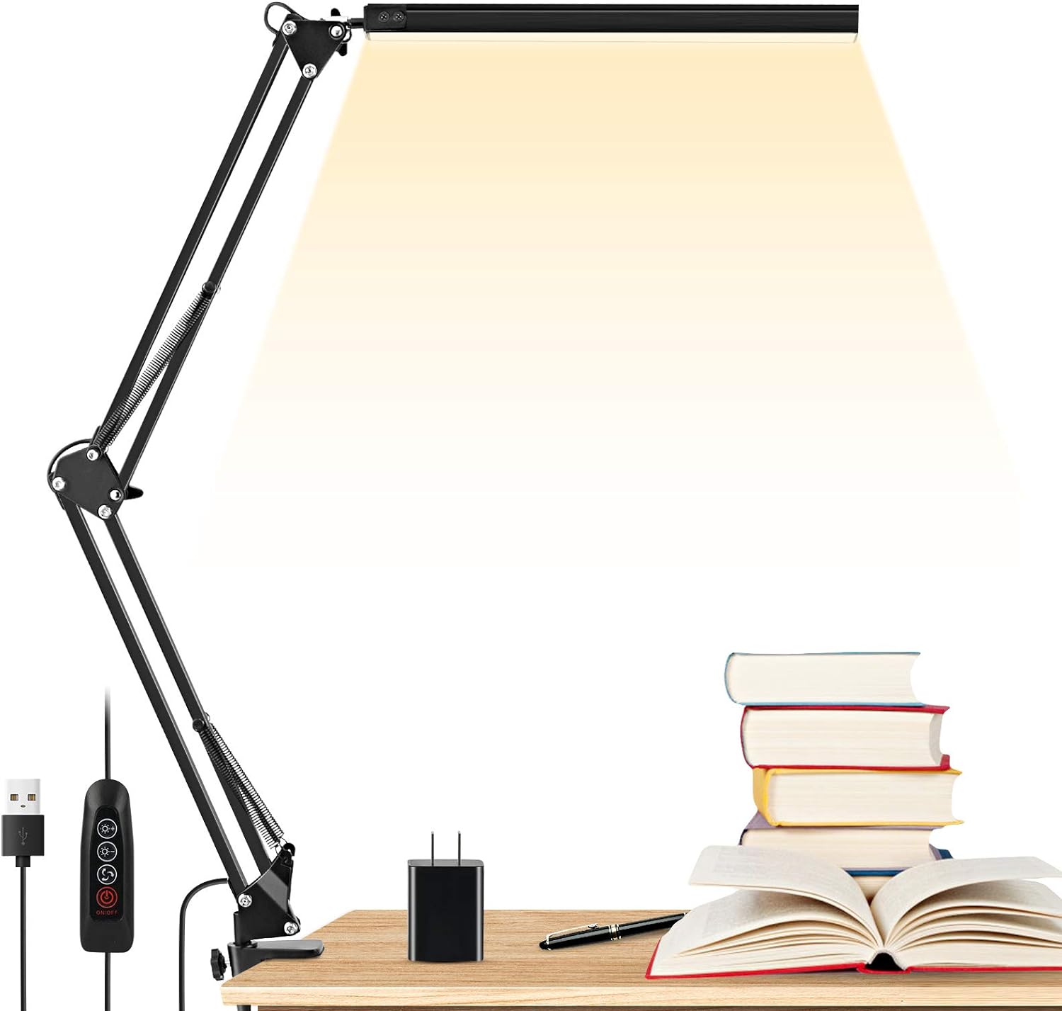 LED Desk Lamp, ENOCH 14W Eye-Caring Metal Swing Arm Desk Lamp with Clamp, 3 Modes, 30 Brightness Dimmable Clamp Desk Light with Memory Function/USB Adapter, Architect Table Desk Lamps for Home Office