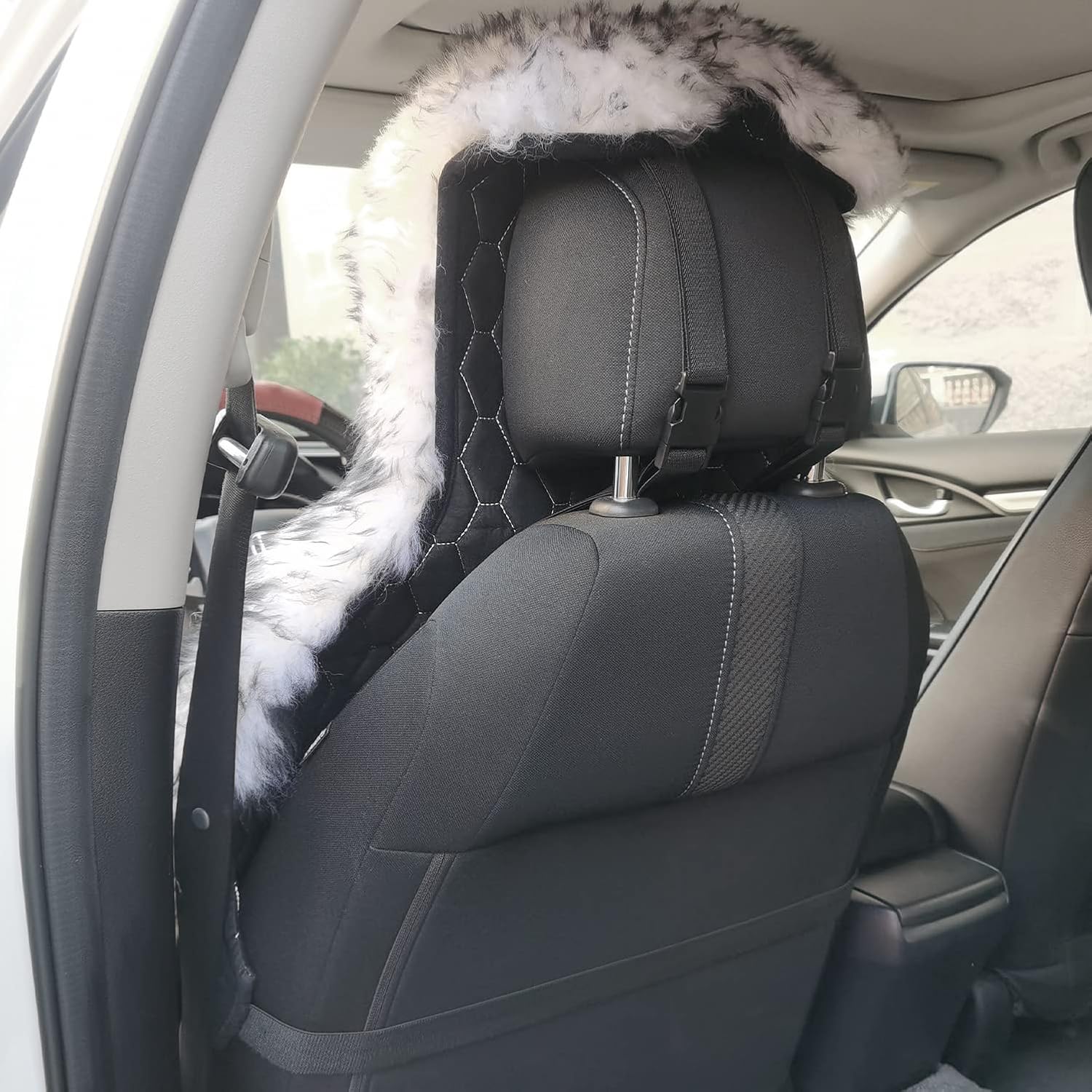 Sheepskin Seat Cover Extra Dense Pelt Genuine Australian Long Fur Sheepskin Car Seat Cushion Natural Pure Wool Automotive Seat Cover, Universal Fits Cars, SUVs, Trucks Minivans, 1pc - White/Black