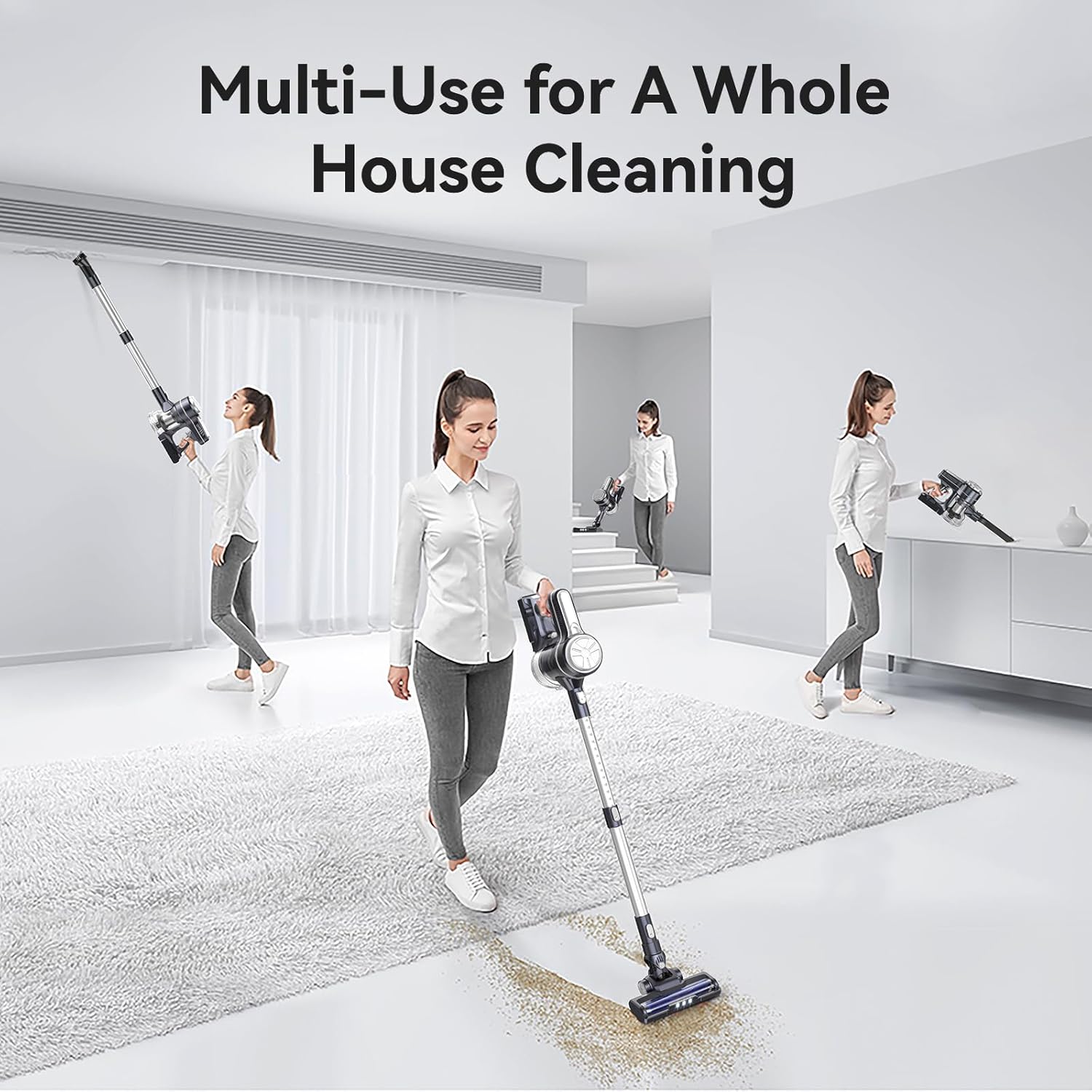 Cordless Vacuum Cleaner, 28kPa Powerful Stick Cordless Vacuum Cleaner, 40 Running Mins, Removable Battery, 1.5 L Dust Cup, LED Light, Suitable for Carpets Hard Floors Pet Hair,Silver White
