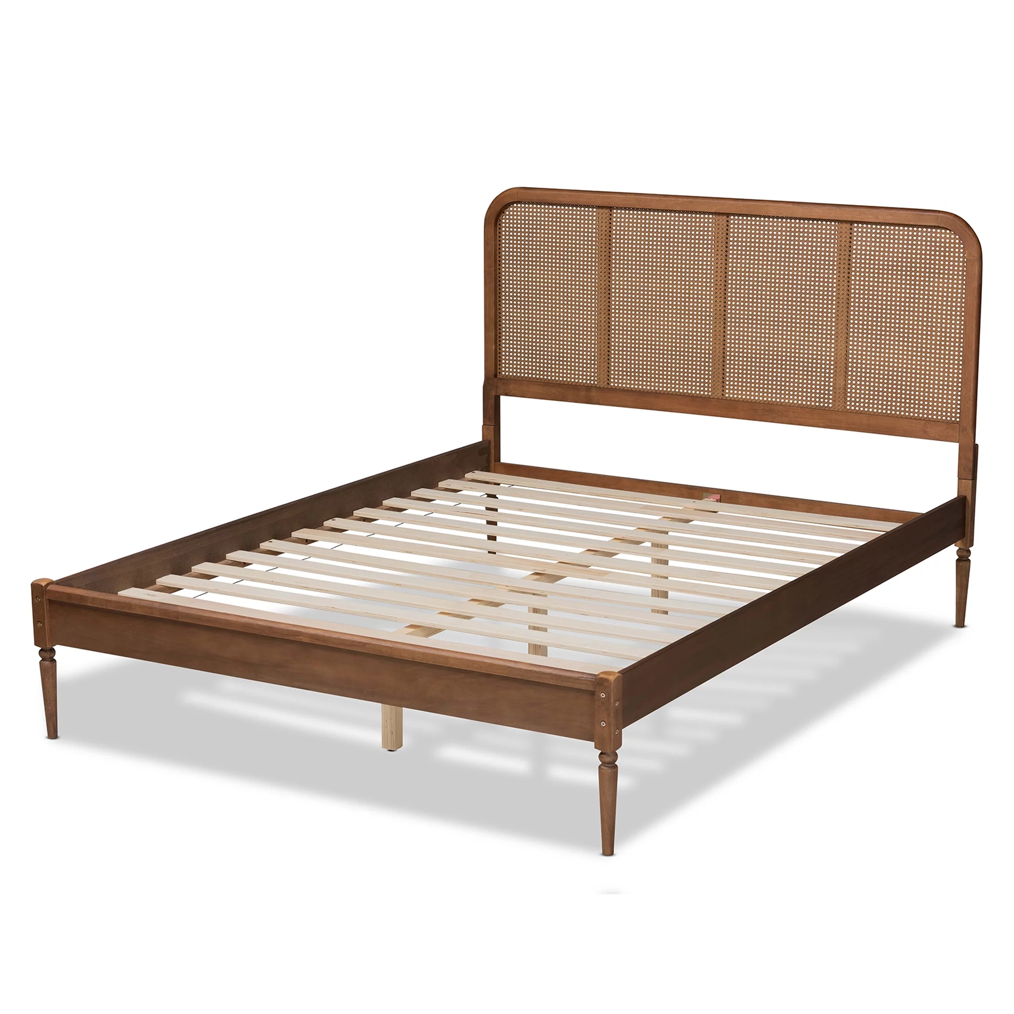 Baxton Studio Elston Mid-Century Modern Walnut Brown Finished Wood and Synthetic Rattan Queen Size Platform Bed
