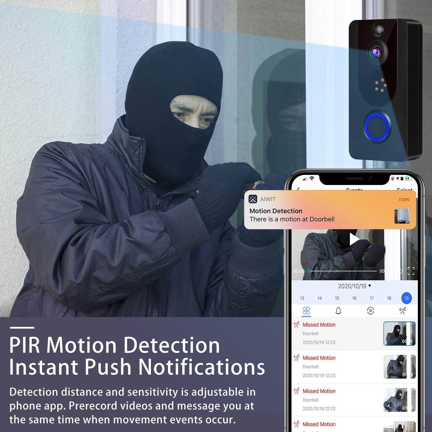 Wireless Doorbell Camera 1080P with Chime, Video Doorbell Camera with PIR Motion Detection, Wi-Fi Smart Door Bell with Lifetime Free Cloud Service, IP65 Waterproof, 2-Way Audio, Clear Night Vision