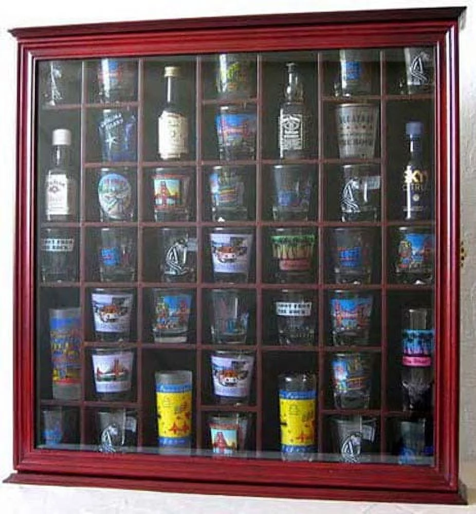 41 Shot Glass Display Case Holder Cabinet Wall Rack with Glass Door, Cherry Finish
