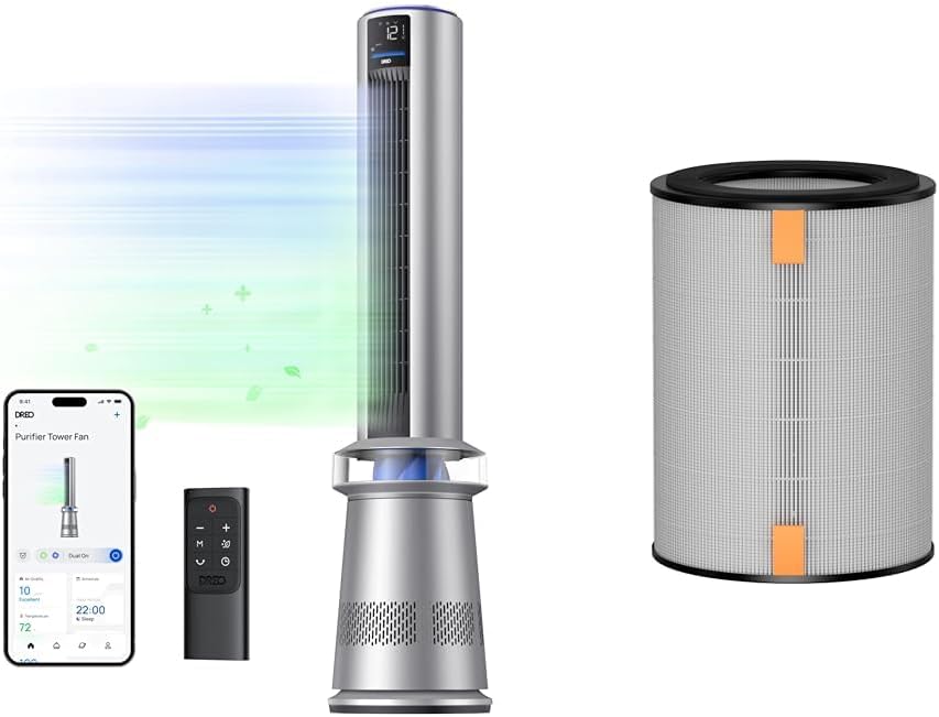 Dreo Air Purifier Tower Fan with 45" Oscillation, 27ft/s Airflow, App Control, and Replacement HEPA Filter for Bedroom