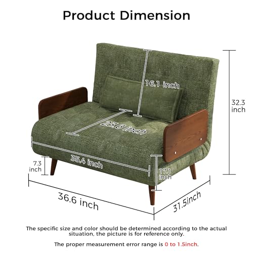 3-in-1 Convertible Chair Bed Sleeper for Adults, Linen Convertable Sleeper Chair with Wooden Arms & Pillows, Foldable Single Futon Sofa Bed (Mid Century with Walnut Arm, 36.6" Wide)