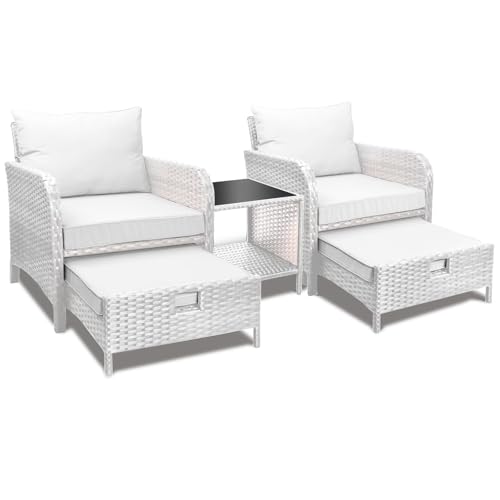 LEVELEVE Balcony Furniture 5 Piece Patio Conversation Set, PE Wicker Rattan Outdoor Lounge Chairs with Soft Cushions 2 Ottoman&Glass Table for Porch, Lawn-Brown Wicker